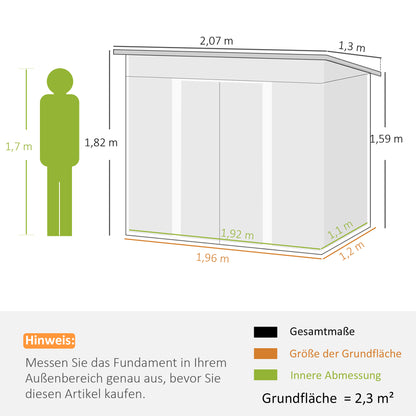 Outsunny Metalen Tuinhuis 2,3 m² 207 x 130 x 182 cm Gereedschapsschuur met lessenaarsdak, Raam, Basisframe, Groen