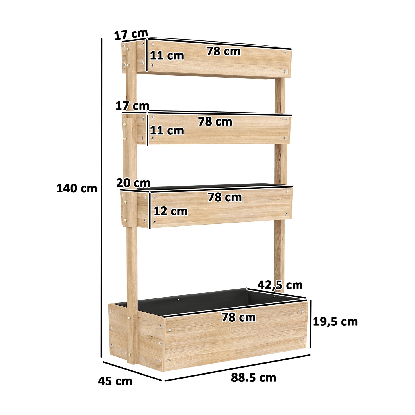 Outsunny houten verhoogde tuinbak, 4-laags plantbed met drainagegaten, kweekbak, tuinbak, 88,5 x 45 x 140 cm, natuurlijk hout