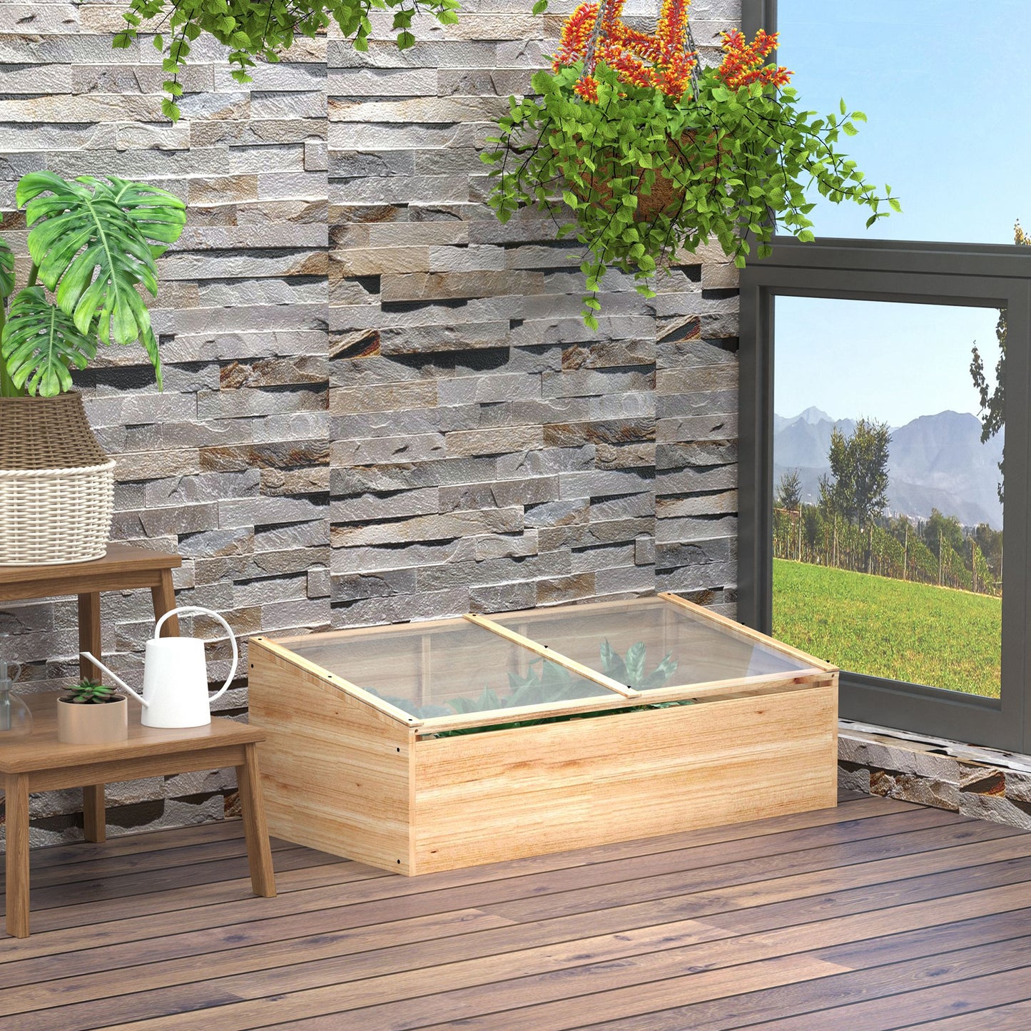 Outsunny Gewächshaus-Pflanzkasten aus Holz, Pflanzkasten, Garten- und Pflanzsystem für Garten und Balkon, 100 x 50 x 35 cm, Natur, Kiefernholz, PC-Platte