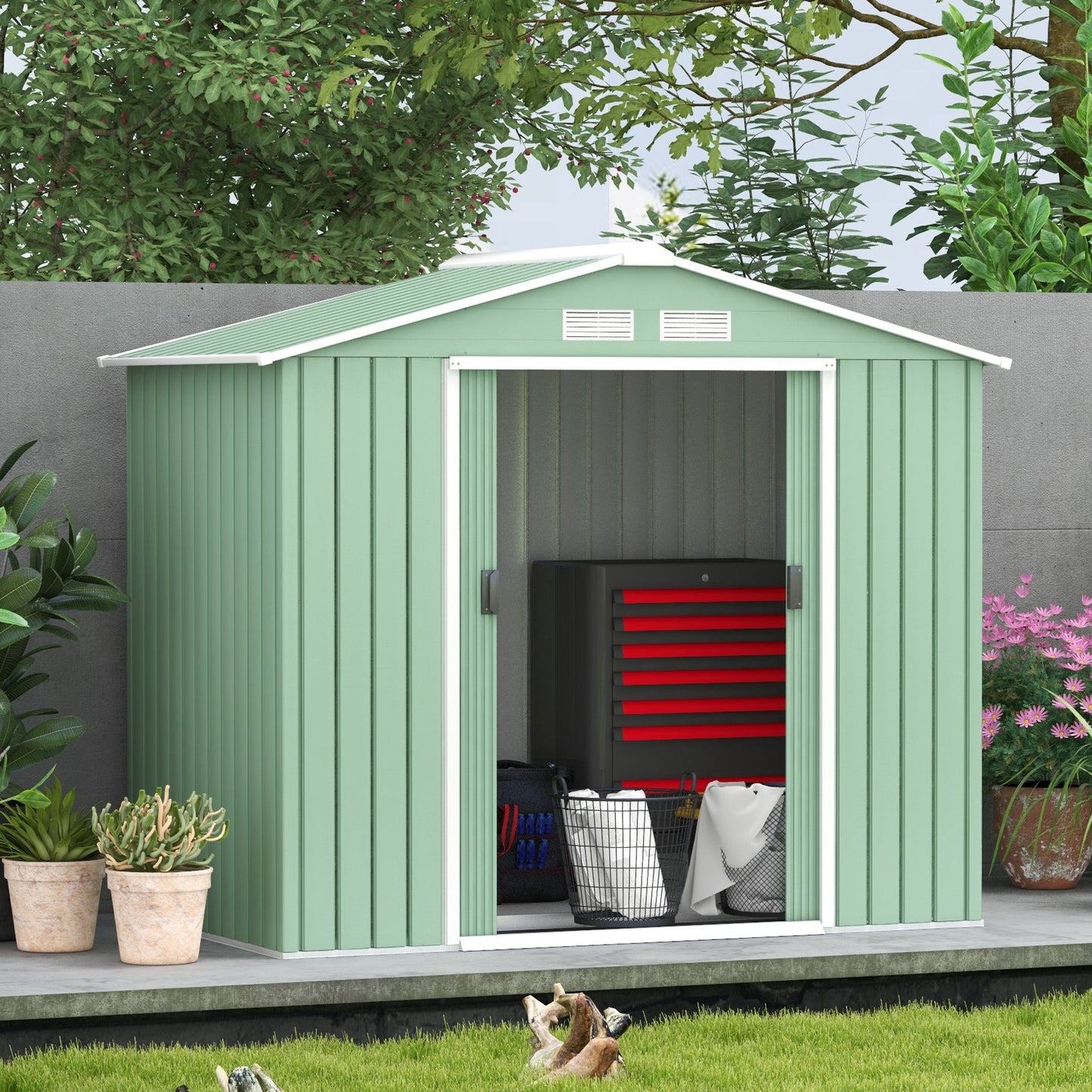 Tuinhuis Outsunny, 2 schuifdeuren, ventilatieraam, basisframe, roestvrij staal, lichtgroen, 2,13 x 1,30 x 1,85 m