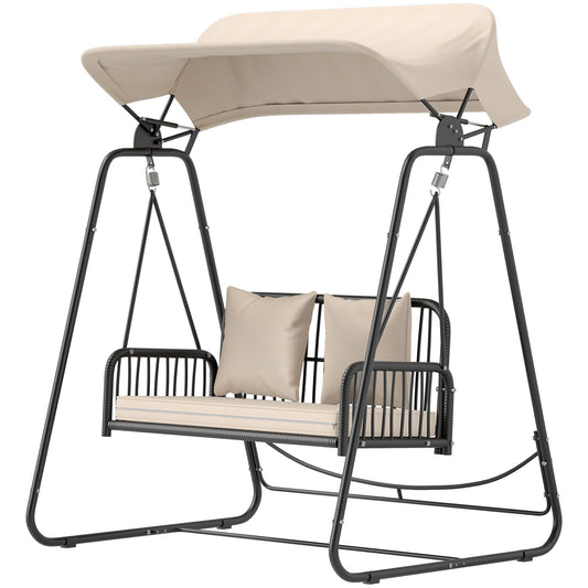 Outsunny Hollywood Gartenschaukel aus Rattan, 2-Sitzer, mit Sonnendach und Kissen, bis 240 kg, 149 x 121 x 180 cm, Khaki
