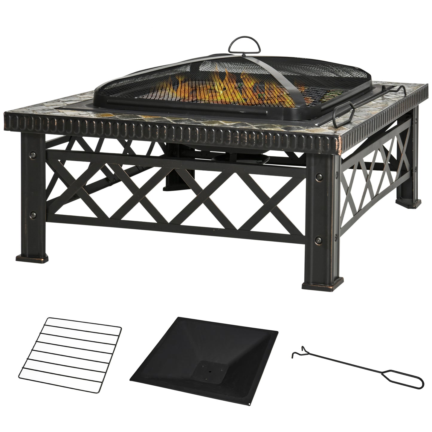 Outsunny 3-in-1 Feuerschale, Feuerkorb mit Funkenschutzgitter, Grillrost, Eisbehälter, Gartengrill, schwarz, 76 cm x 76 cm x 47 cm