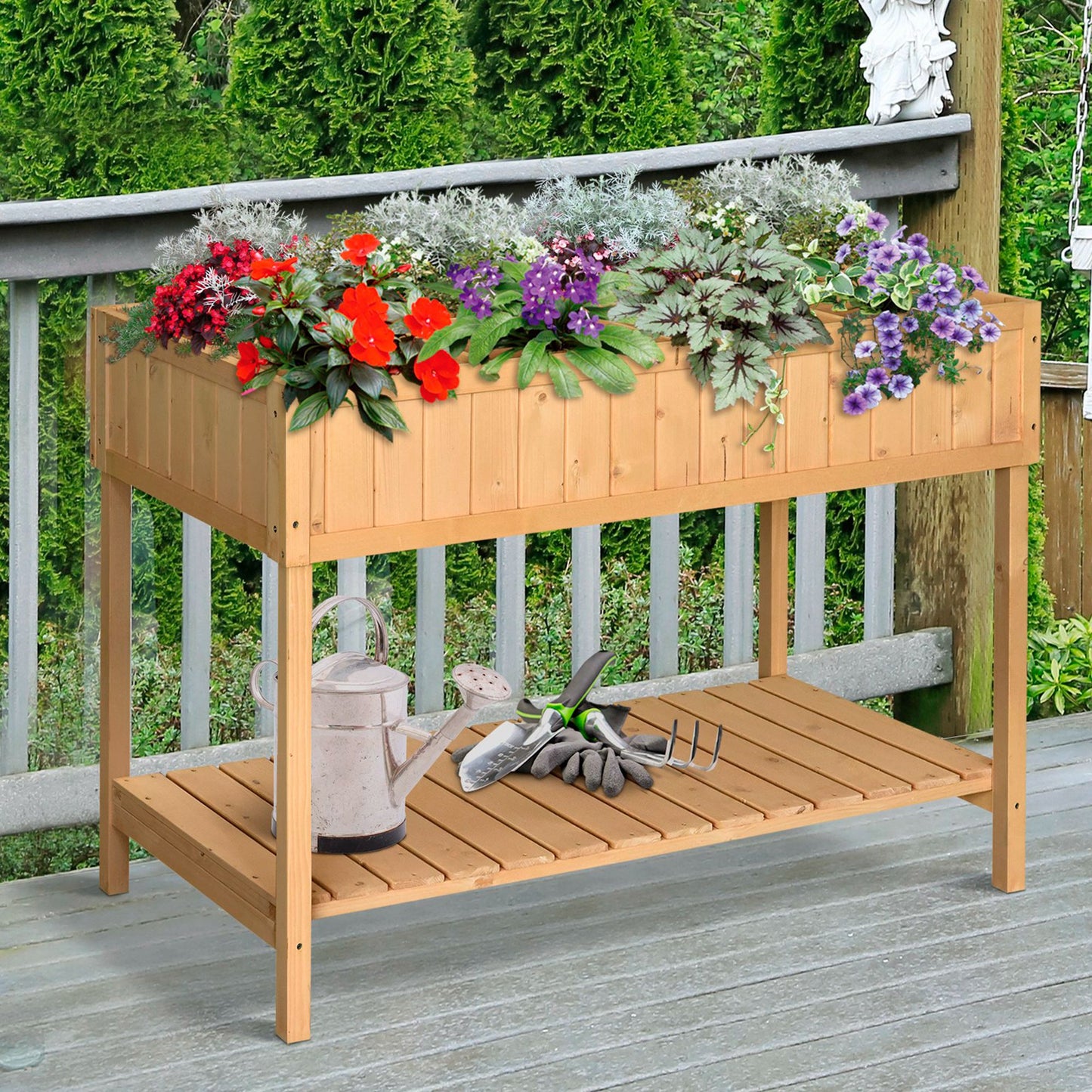 Verhoogde tuinbak van Outsunny, 8 compartimenten, plantentafel, bloembak, dennenhout, 1 plank + drainage