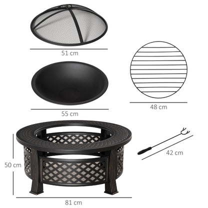 Outsunny Feuerschale mit Schürhaken, Funkenschutzgitter, Feuerkorb, runder Feuertisch, Feuerkorb für Garten, Camping, Grillen, Stahl, schwarz, 81 x 81 x 50 cm