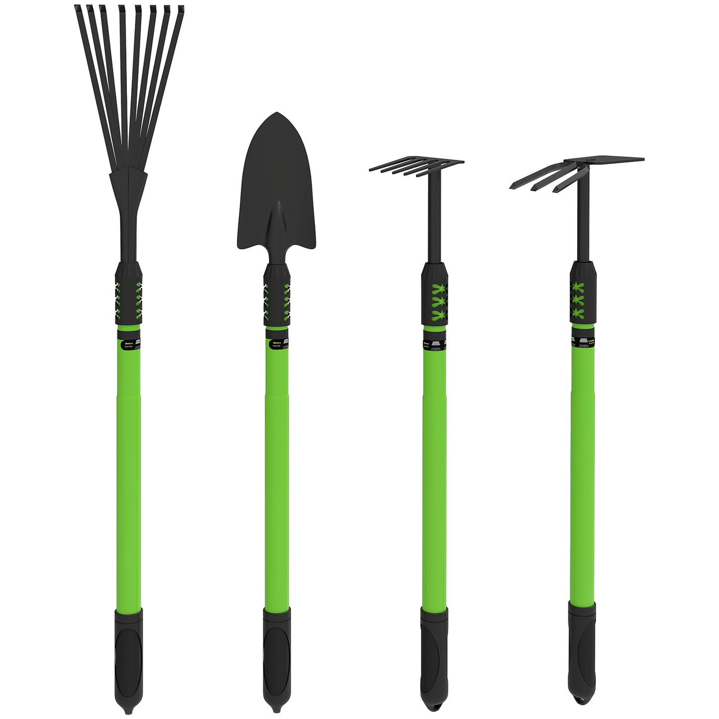 Outsunny Tuingereedschapset, 4-delig, Tuingereedschapset met schep, tuinschoffel, tuinhark, bladhark, groen