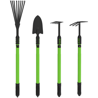 Outsunny Tuingereedschapset, 4-delig, Tuingereedschapset met schep, tuinschoffel, tuinhark, bladhark, groen