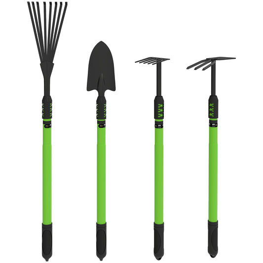 Outsunny Tuingereedschapset, 4-delig, Tuingereedschapset met schep, tuinschoffel, tuinhark, bladhark, groen