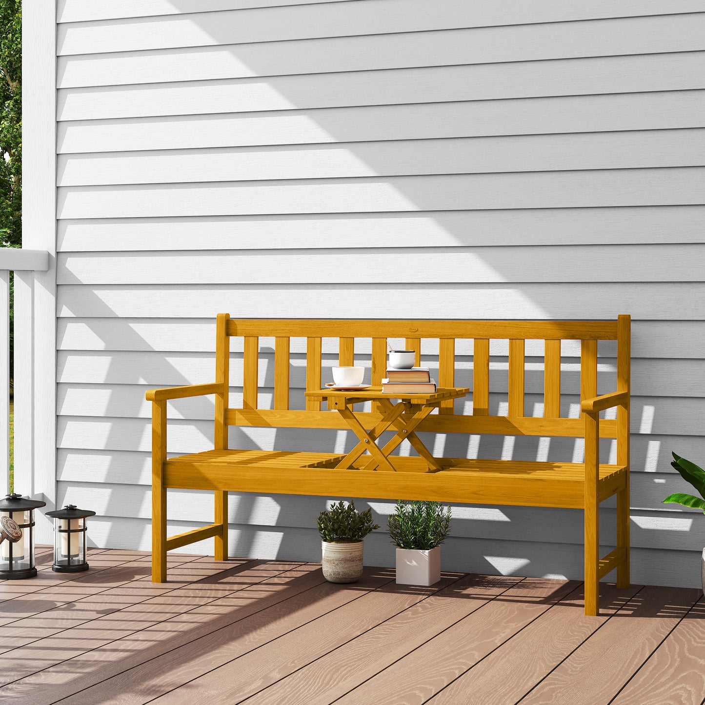 Outsunny 2-zits houten tuinbank, weerbestendig, met rugleuning en armleuningen, draagvermogen 320 kg, 149x56,5x89cm, teak