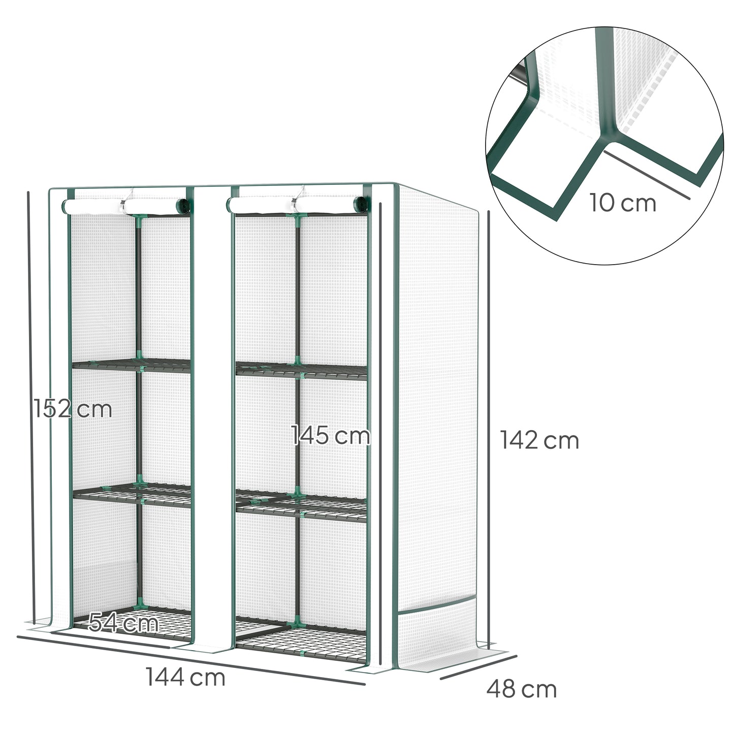 Outsunny Mini-kas met 3-laags plank, kunststof deksel, uv-bestendig, draagbaar, roldeur, 144 x 48 x 152 cm, wit