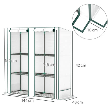 Outsunny Mini-kas met 3-laags plank, kunststof deksel, uv-bestendig, draagbaar, roldeur, 144 x 48 x 152 cm, wit
