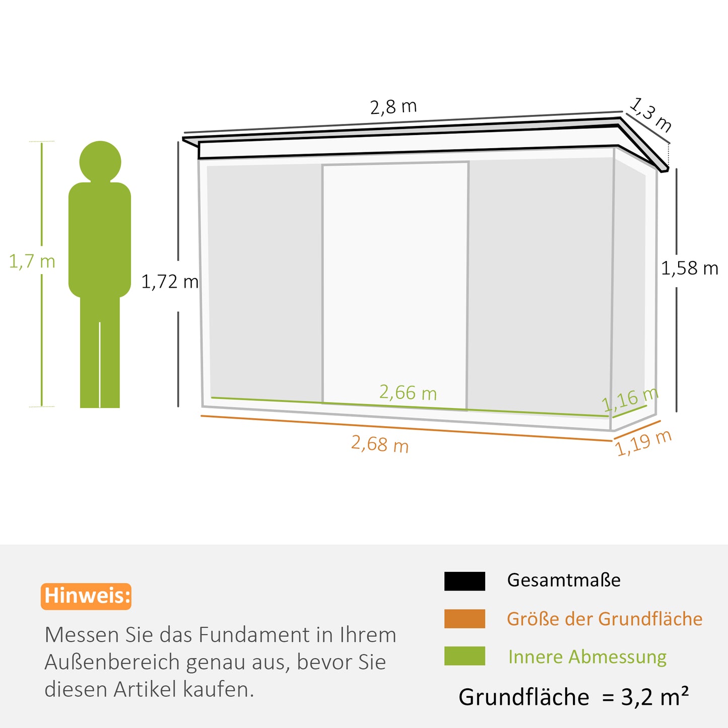 Outsunny Metall-Gartenschuppen 6,3 m³ (280 x 130 x 172 cm) mit Pultdach, Schiebetür, wetterfest, für Garten und Terrasse, anthrazitfarben, dunkelgrün