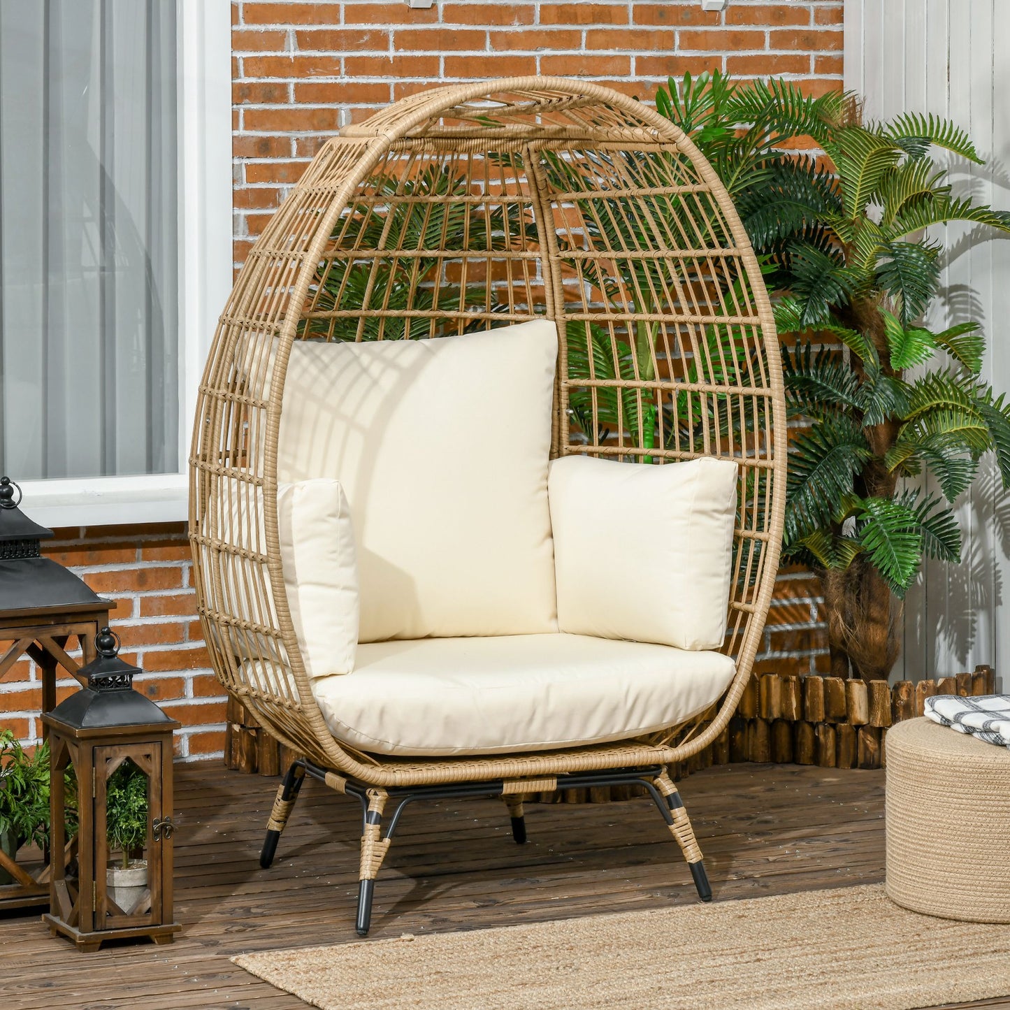 Outsunny Korbsessel in Rattanoptik mit weichen Sitzkissen und Aluminiumgestell in Khaki und Beige. 105 x 90 x 148 cm.