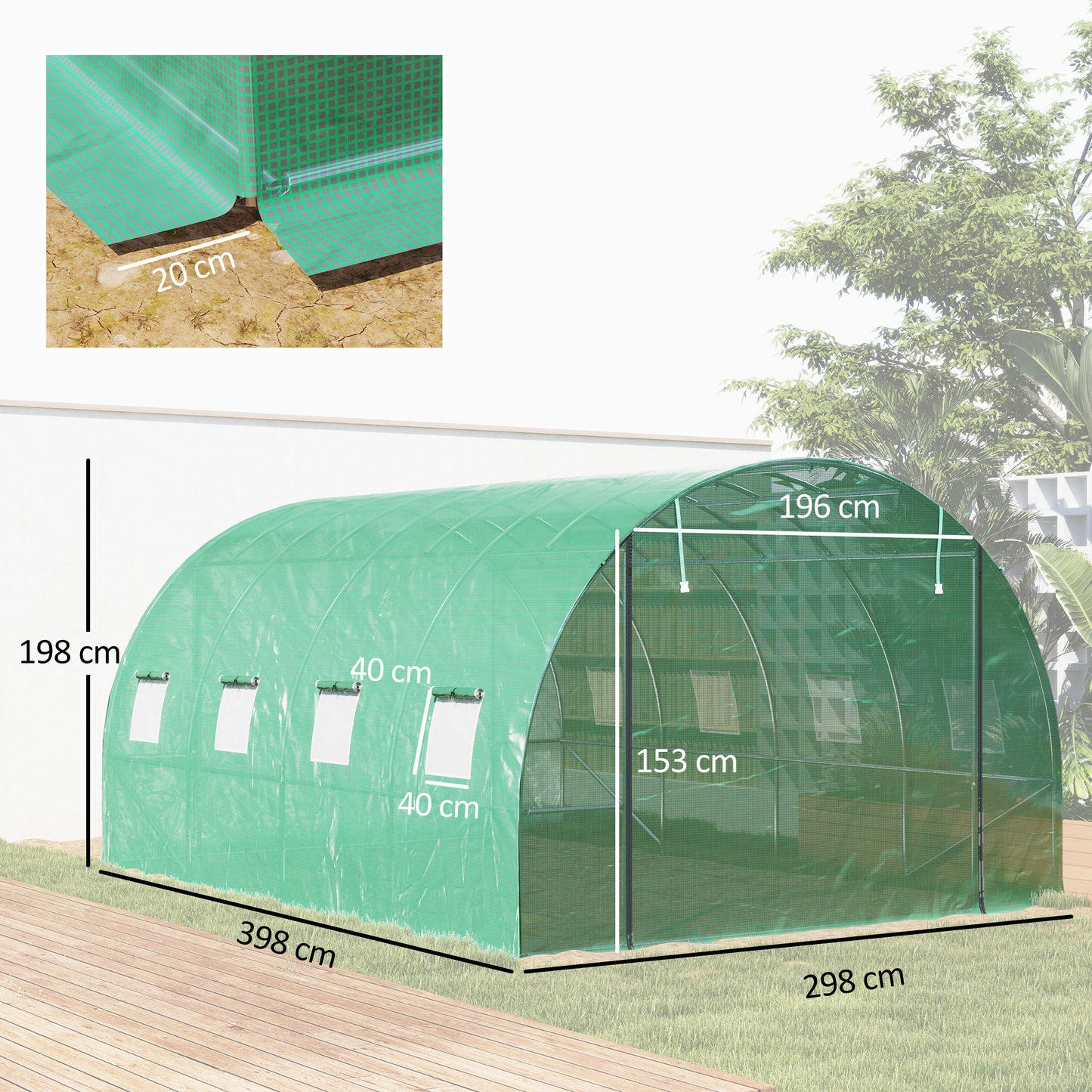 Outsunny Polytunnelkas met kunststof afdekking en stalen frame, inloopkastent met roldeuren, groen
