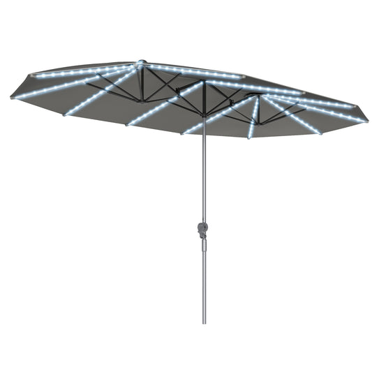 Outsunny Doppelsonnenschirm mit Solarbeleuchtung, Aluminium, Polyester, UPF50+ Sonnenschutz, UV-beständig, Terrassenschirm, Dunkelgrau