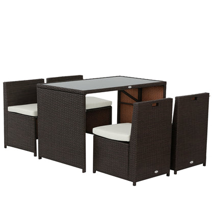 Outsunny 5-teiliges Gartenmöbelset aus Polyrattan, wetterfeste Balkonmöbel für 4 Personen, Gartenmöbel mit Tisch, 4 Stühlen, Kissen, Lounge-Set, Essgruppe, Sitzgruppe für Balkon und Garten, braun + khaki