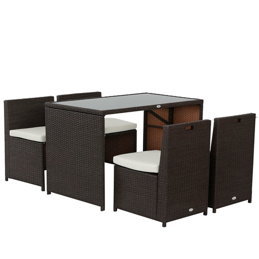 Outsunny 5-teiliges Gartenmöbelset aus Polyrattan, wetterfeste Balkonmöbel für 4 Personen, Gartenmöbel mit Tisch, 4 Stühlen, Kissen, Lounge-Set, Essgruppe, Sitzgruppe für Balkon und Garten, braun + khaki