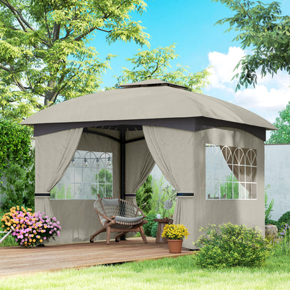 Outsunny Gartenpavillon, 3,4 x 3,4 m, Bierzelt mit belüftetem Dach, Bogenfenstern, Stahlrahmen, hellgrau
