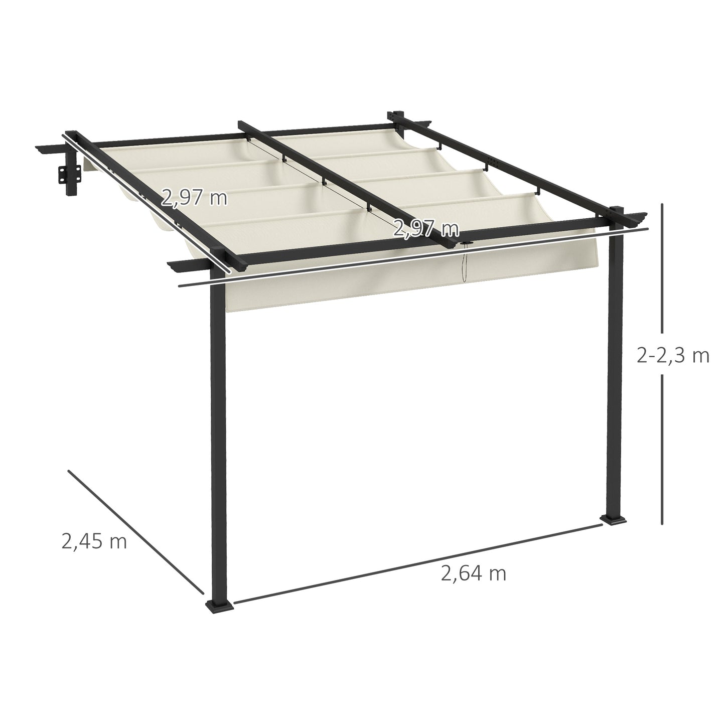 Outsunny tuinpaviljoen 3 x 3m, uitschuifbaar dak, wandmontage, metalen frame, crèmewit