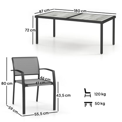Outsunny 7-teilige Essgruppe, 6 Stühle, 1 Tisch, stapelbar, leicht zu reinigen, Stahlgestell, Gartenmöbelset, grau