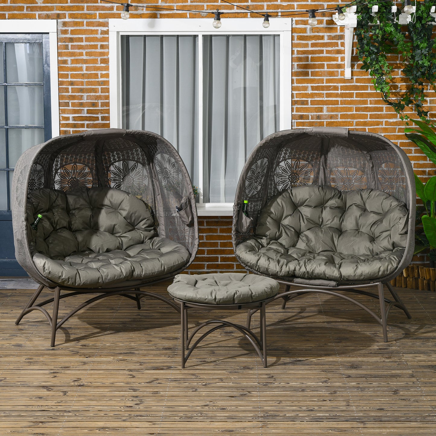 Outsunny tuinmeubelset, 2 rieten fauteuils met bijzettafel, opvouwbaar, zitkussens, metalen frame, kleur: Zand