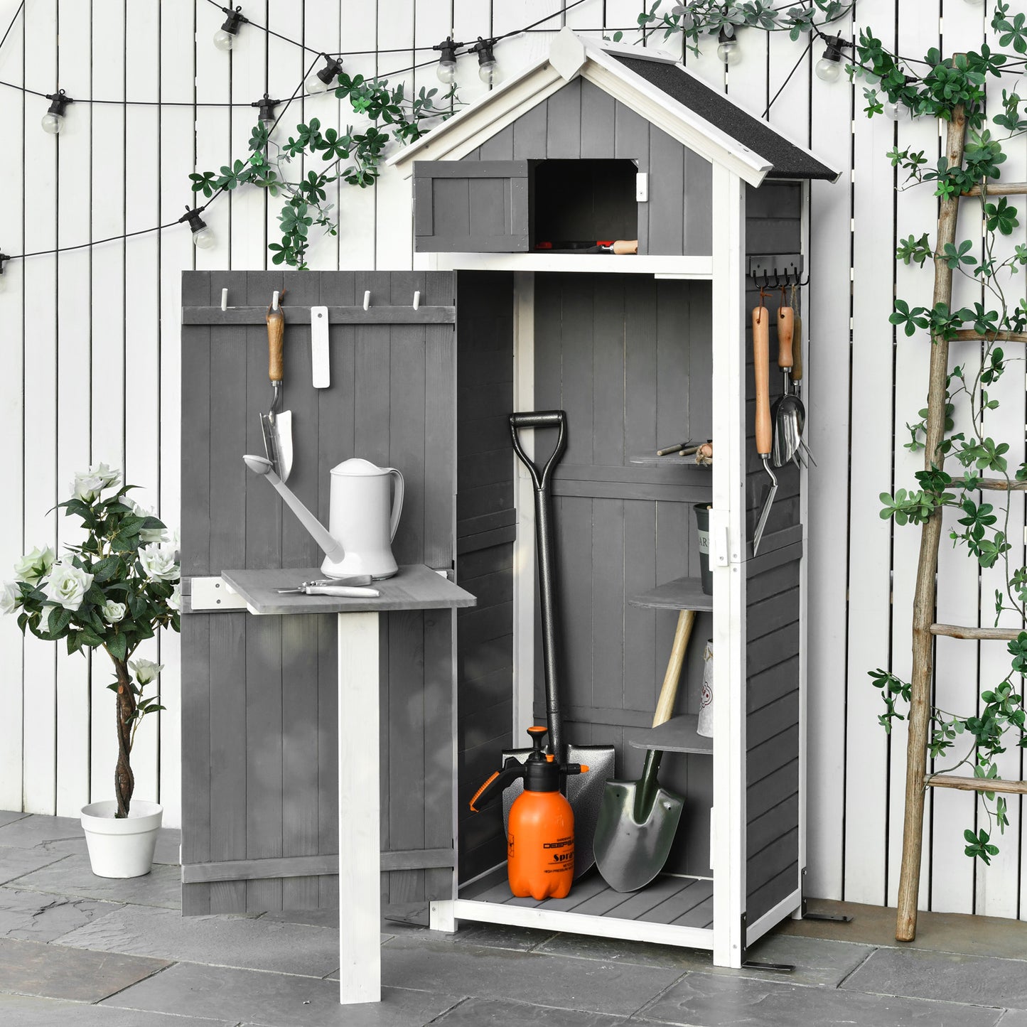 Outsunny Houten Tuinhuis, Weerbestendig Gereedschapsschuurtje 78x52,5x182cm, Gereedschapsschuurtje met Deur, Zadeldak, Opbergkast met Haken, Opvouwbare Tafel, Gereedschapskast, Tuinhuis voor Tuin, Terras, Grijs