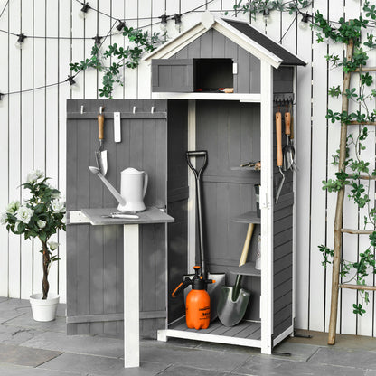 Outsunny Houten Tuinhuis, Weerbestendig Gereedschapsschuurtje 78x52,5x182cm, Gereedschapsschuurtje met Deur, Zadeldak, Opbergkast met Haken, Opvouwbare Tafel, Gereedschapskast, Tuinhuis voor Tuin, Terras, Grijs