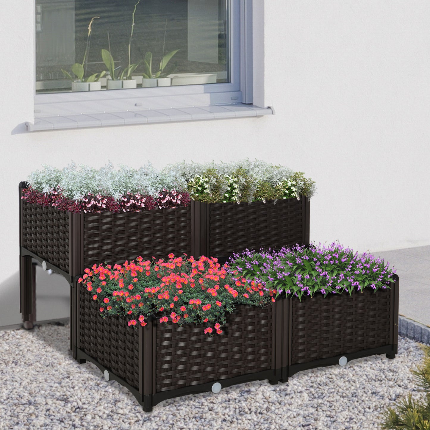 Outsunny Verhoogd Tuinbed, Bloembak met Afwateringsgaten, Bloembak met Rotanlook, Kunststof, Bruin, 40 x 40 x 44 cm