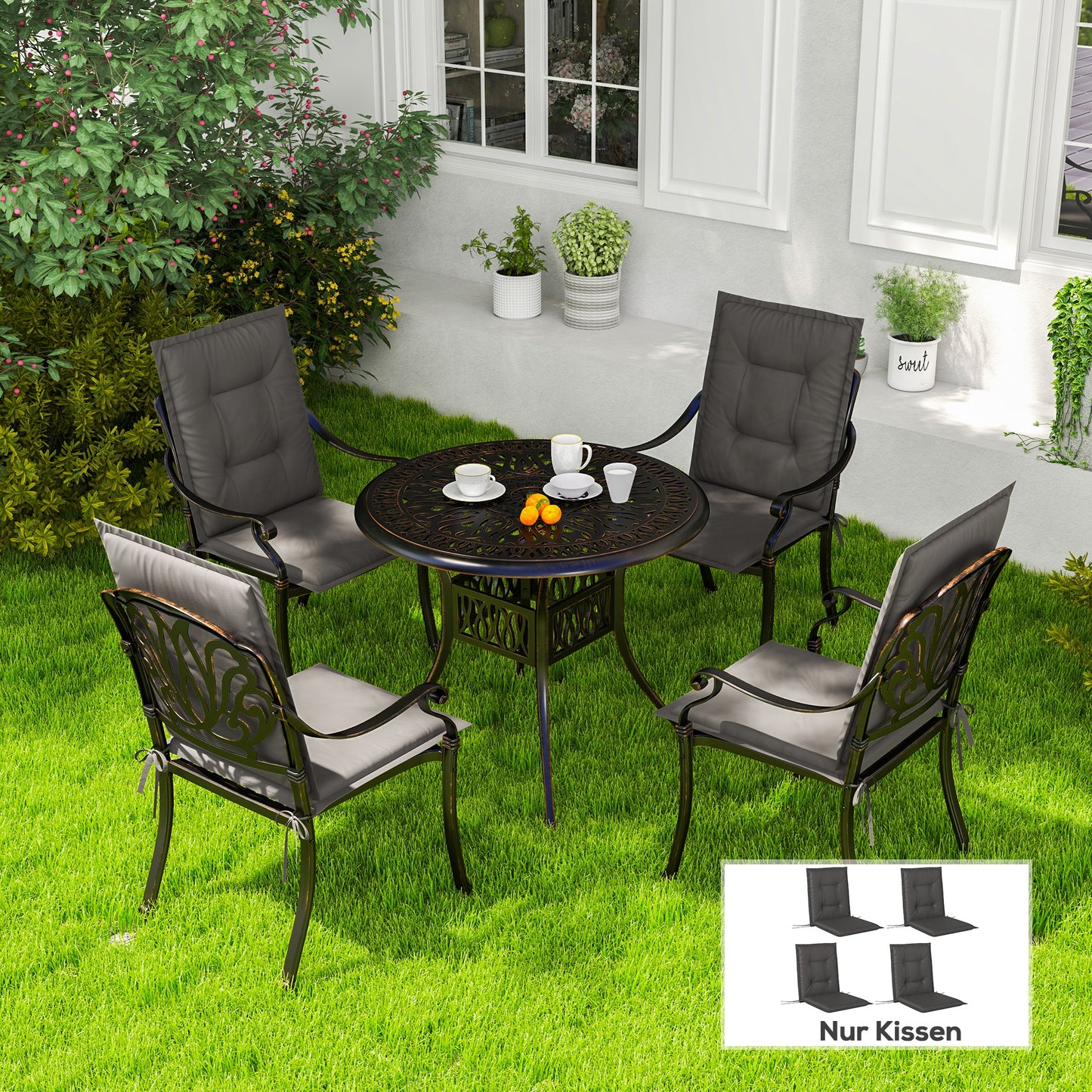 Outsunny 4-teiliges Sitzkissen-Set, 108 x 50 x 5 cm, Stuhlkissen mit Bändern, Sitzkissen für den Innen- und Außenbereich, dunkelgrau