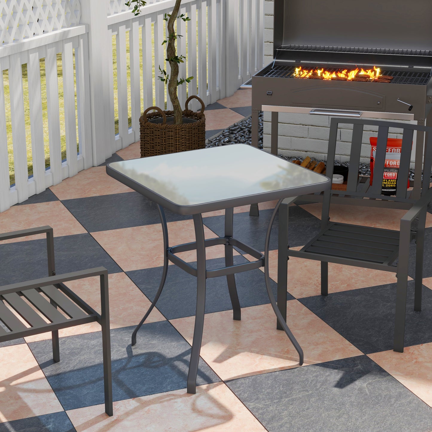 Outsunny Gartentisch, Bistrotisch, Glastisch, gehärtetes Glas + Metall, Schwarz, L 68,5 x B 68,5 x H 84 cm