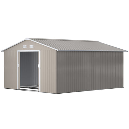 Outsunny tuinhuis, weerbestendig tuinhuis voor tuingereedschap, met ventilatieramen, schuifdeuren, staal, lichtgrijs