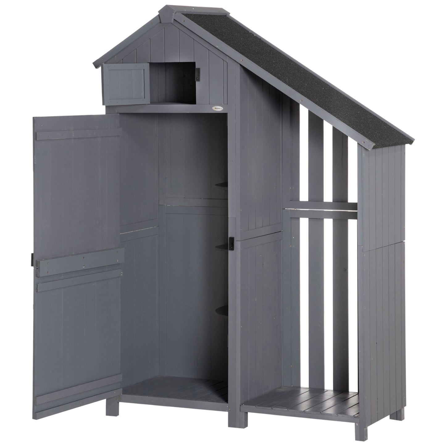 Tuinhuis Outsunny, open brandhoutvak, afsluitbare deur, weerbestendig, natuurlijk hout, 129 x 51,5 x 180 cm, grijs+zwart