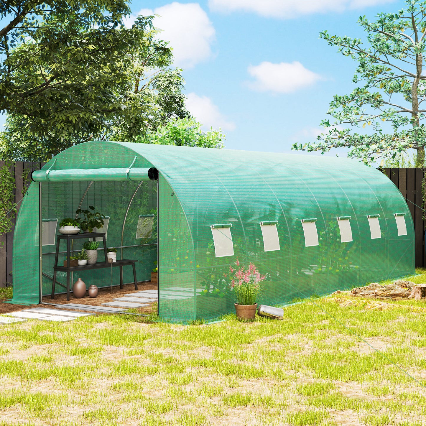 Outsunny Polytunnelkas met kunststof afdekking en stalen frame, inloopkastent met roldeuren, groen