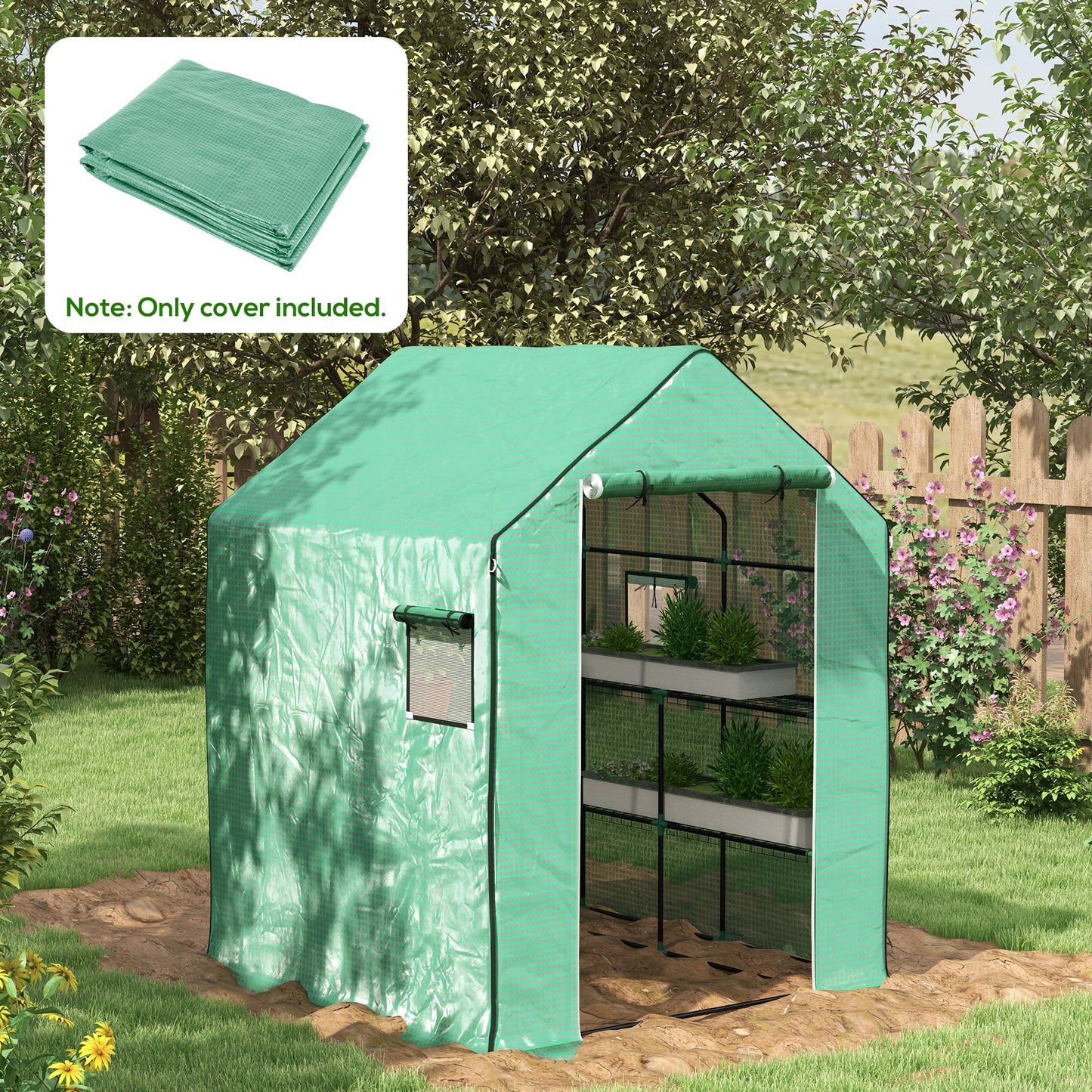 Outsunny kasfolie, vervangende hoes, waterdicht, oprolbaar raam en deur, 140 x 143 x 190 cm, groen