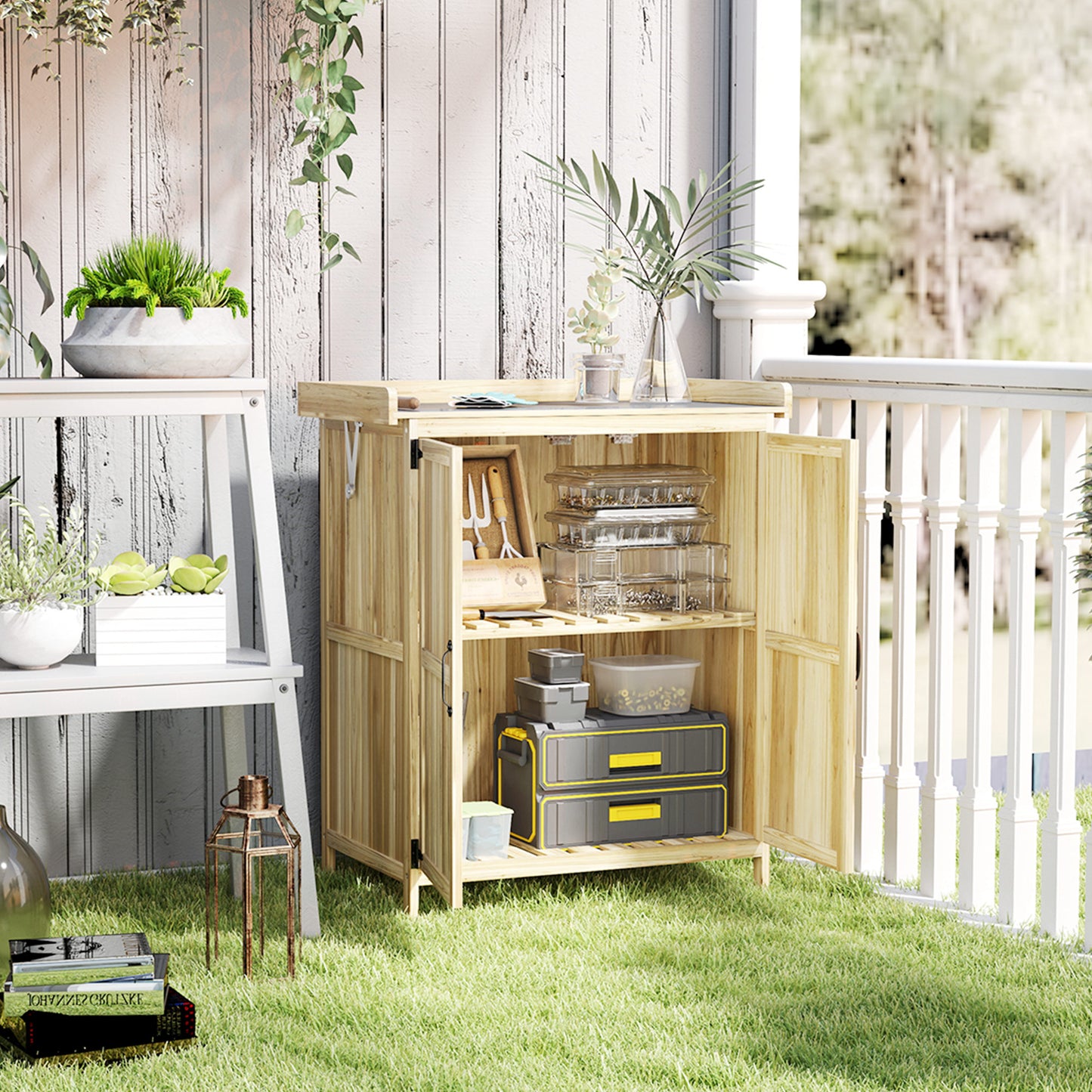 Outsunny tuinhuis, gereedschapsschuur voor buiten met werkblad, hout en roestvrij staal, dubbele deuren, natuurlijk hout