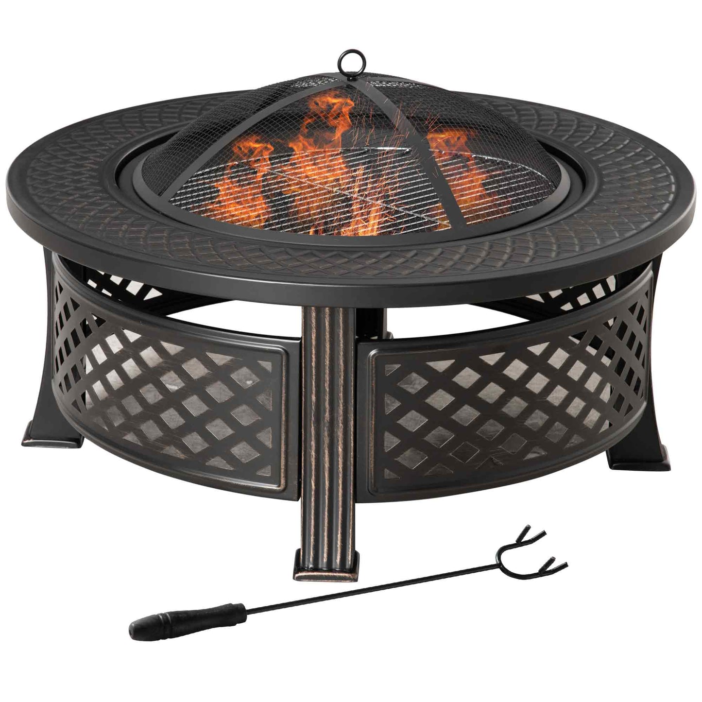 Outsunny Feuerschale mit Schürhaken, Funkenschutzgitter, Feuerkorb, runder Feuertisch, Feuerkorb für Garten, Camping, Grillen, Stahl, schwarz, 81 x 81 x 50 cm