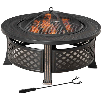 Outsunny Feuerschale mit Schürhaken, Funkenschutzgitter, Feuerkorb, runder Feuertisch, Feuerkorb für Garten, Camping, Grillen, Stahl, schwarz, 81 x 81 x 50 cm