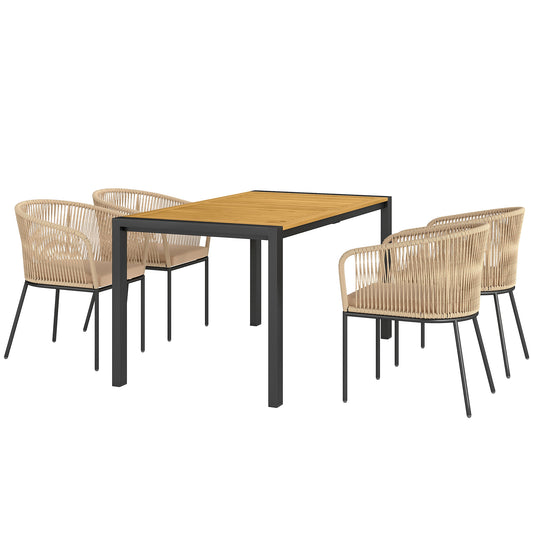 Outsunny 5-delige tuinset, 4 stoelen, 1 tafel, kunstrotan, stalen frame, wasbare kussens, voor terras, kaki