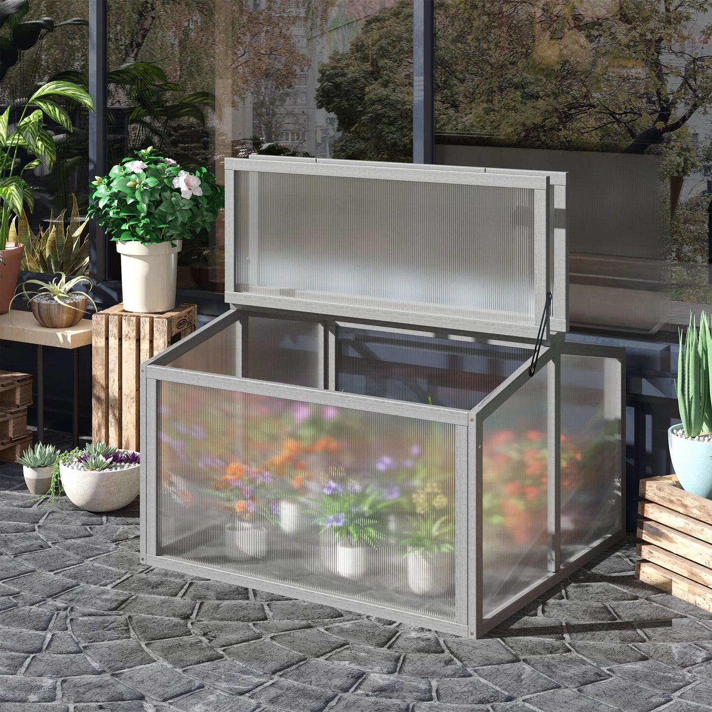 Outsunny Kweekkas met houten en polycarbonaat afdekking, weerbestendig, lichtgrijs, 90 x 80 x 58 cm