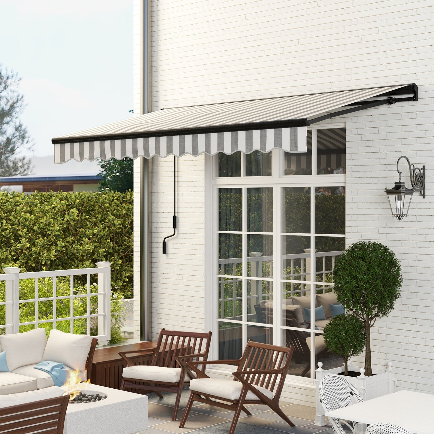 Outsunny zonnescherm, terrasoverkapping, weerbestendig, 1 handslinger, 395 x 250 x 150 cm, grijs + wit