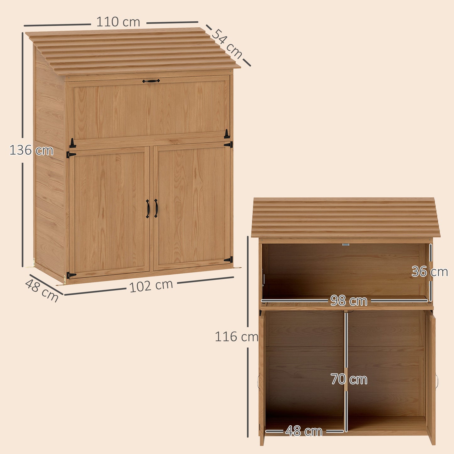 Outsunny tuinkast met uitklapbare tafel, gereedschapskast met dak, 110 x 54 x 136 cm, dennenhout, bruin