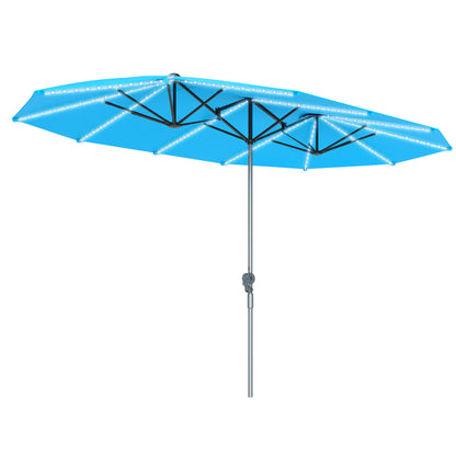 Outsunny Doppelsonnenschirm mit Solarleuchten, Aluminium, Polyester, UPF50+ Schutz, UV-beständig, Terrassenschirm, blau