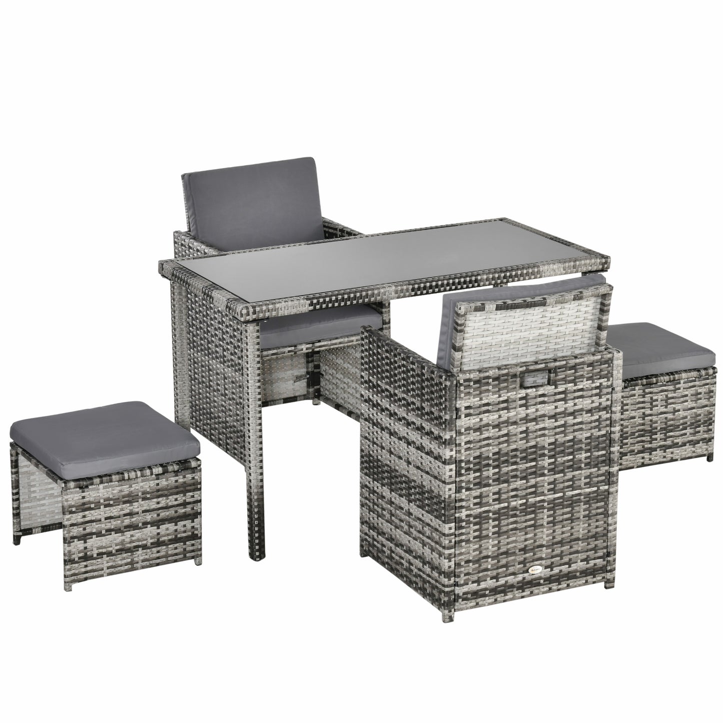 Outsunny Polyrattan-Sitzgruppe für 4 Personen, Essgruppe, Gartenmöbelset mit Kissen, grau