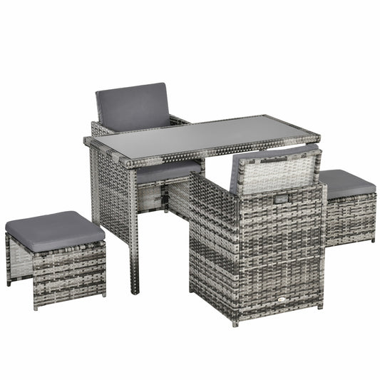 Outsunny Polyrattan-Sitzgruppe für 4 Personen, Essgruppe, Gartenmöbelset mit Kissen, grau