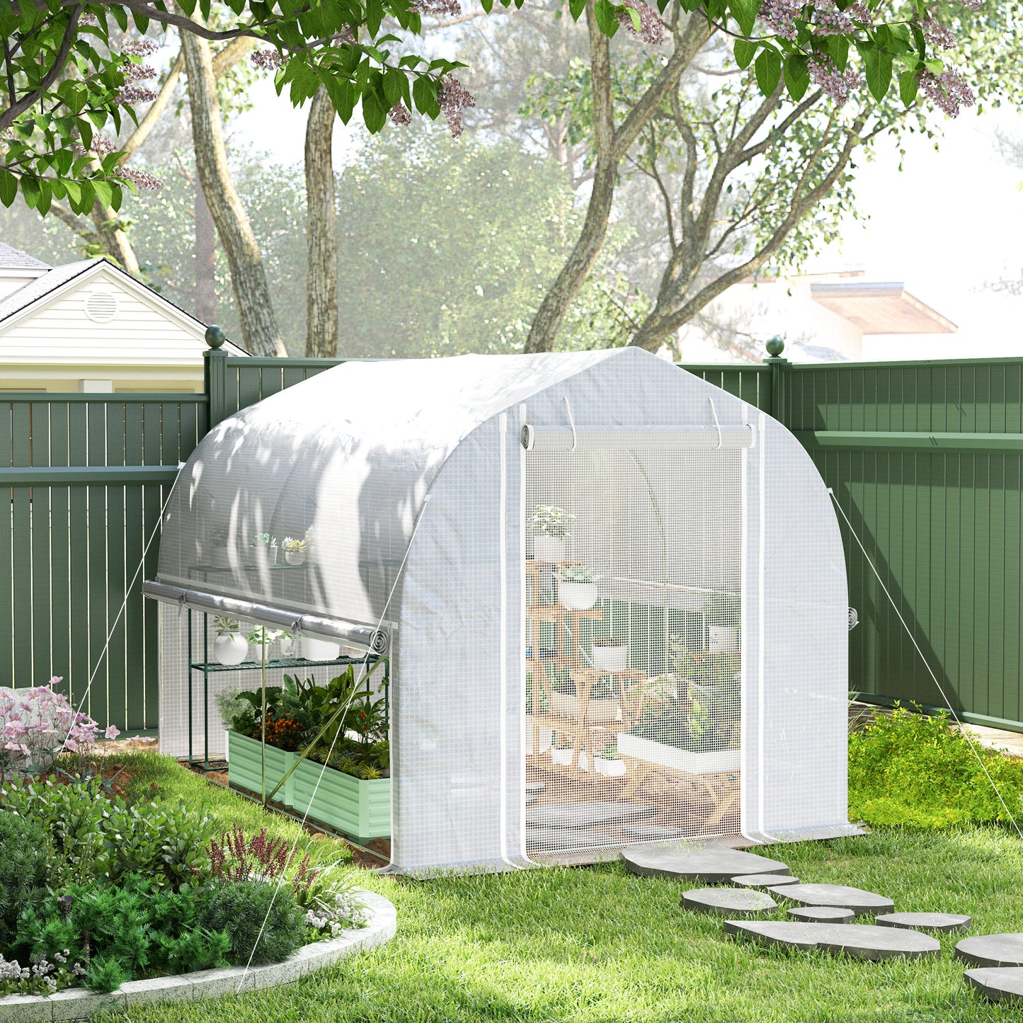 Outsunny 3 x 2 x 2 m tunnelkas met oprolbare zijwanden, UV-bestendige kunststof afdekking en stalen frame, wit