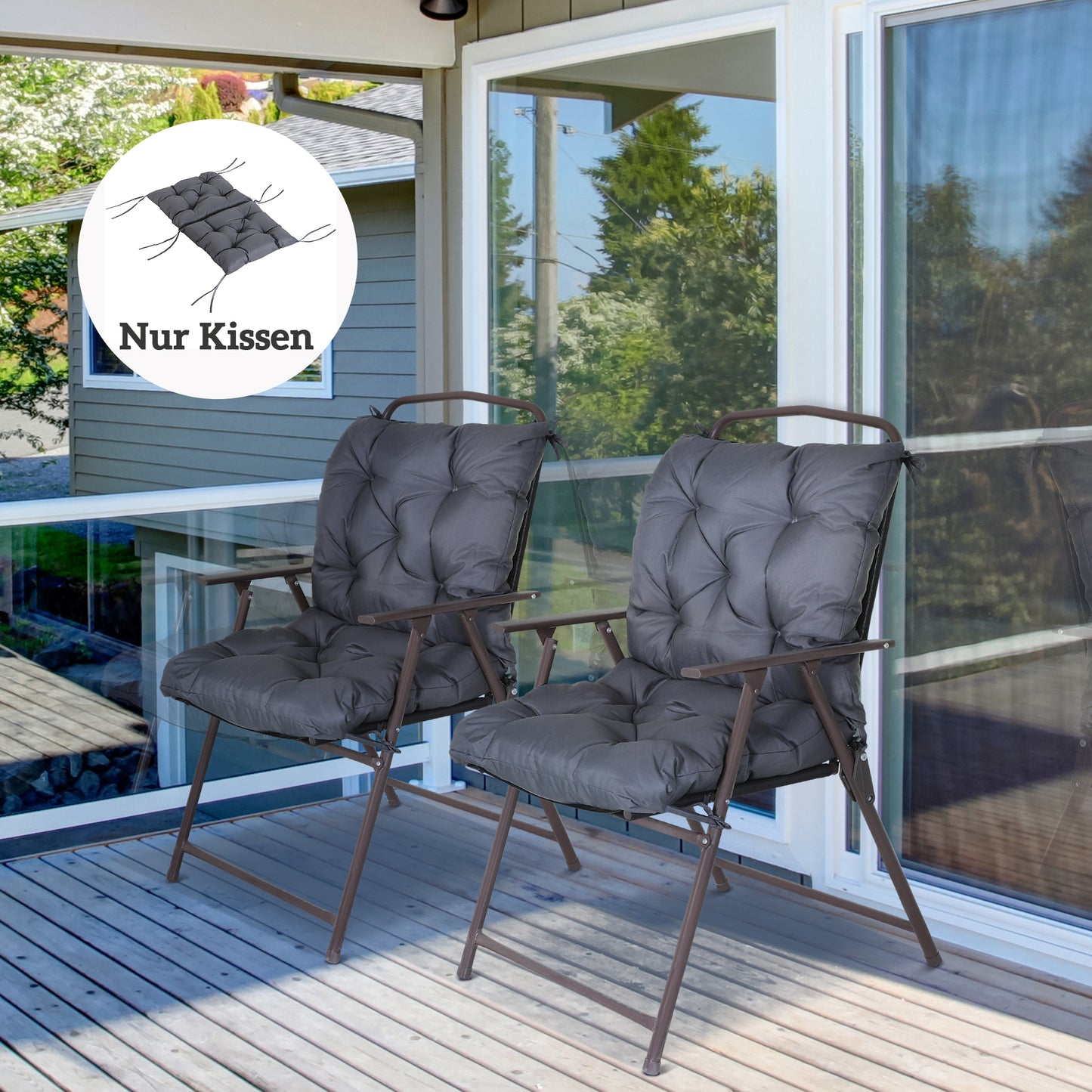 Outsunny 2-pack zitkussens, 98cm x 50cm x 8cm stoelkussens met strikken, gewatteerde kussens, wasbaar/Ergonomische zitkussens voor huis, tuin, bank, grijs