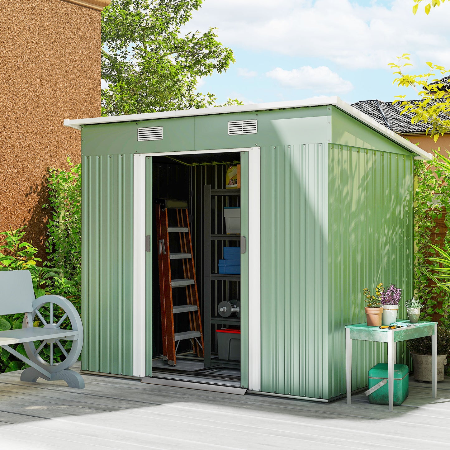 Outsunny Metalen Tuinhuis 2,3 m² 207 x 130 x 182 cm Gereedschapsschuur met lessenaarsdak, Raam, Basisframe, Groen