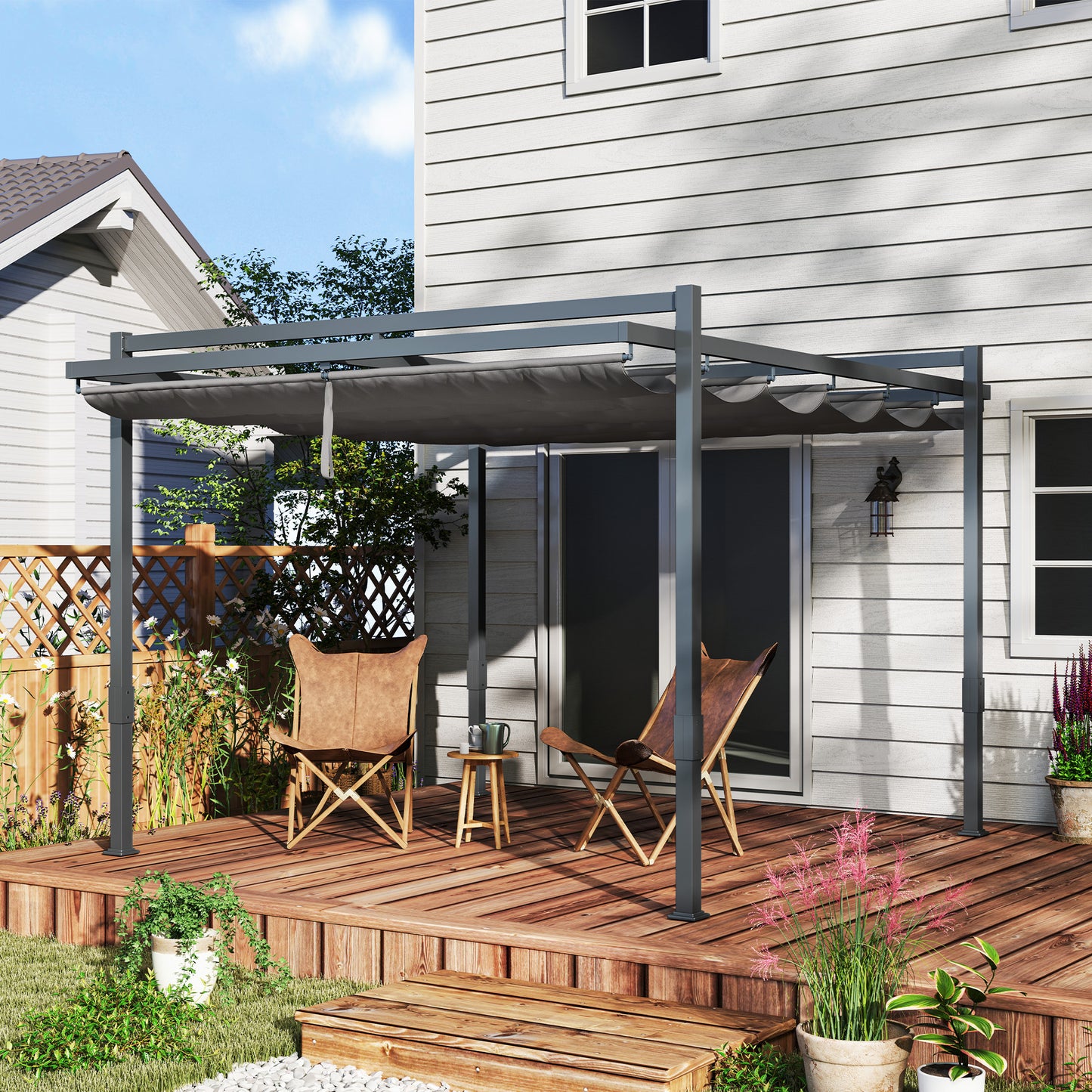Outsunny Pergola-Pavillon, ca. 3,5 x 3 m, robustes, winterfestes Aluminium, Sonnenschutz mit verstellbarem Schiebedach, Grau