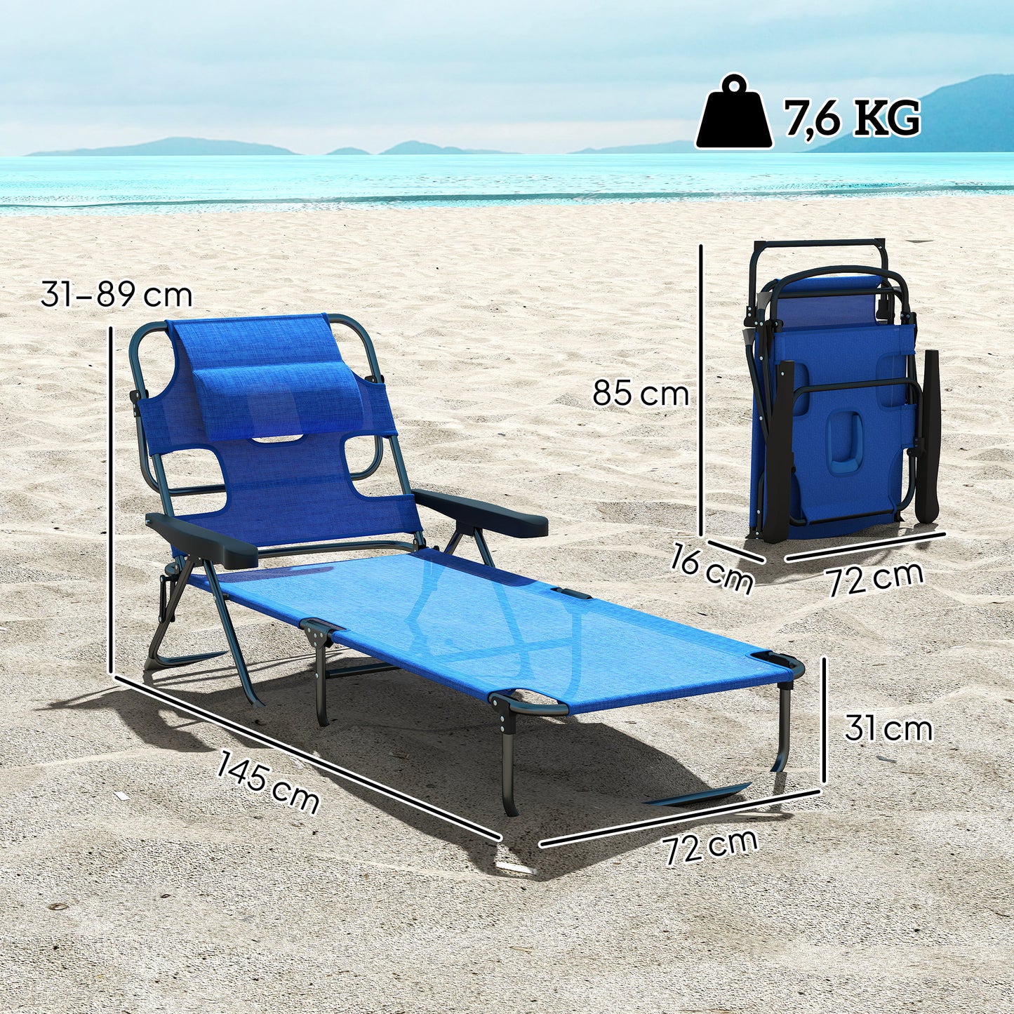 Outsunny Lounger Gartenliege, faltbar, wetterfest, 194 cm x 72 cm x 31 cm, Schwarz + Dunkelblau