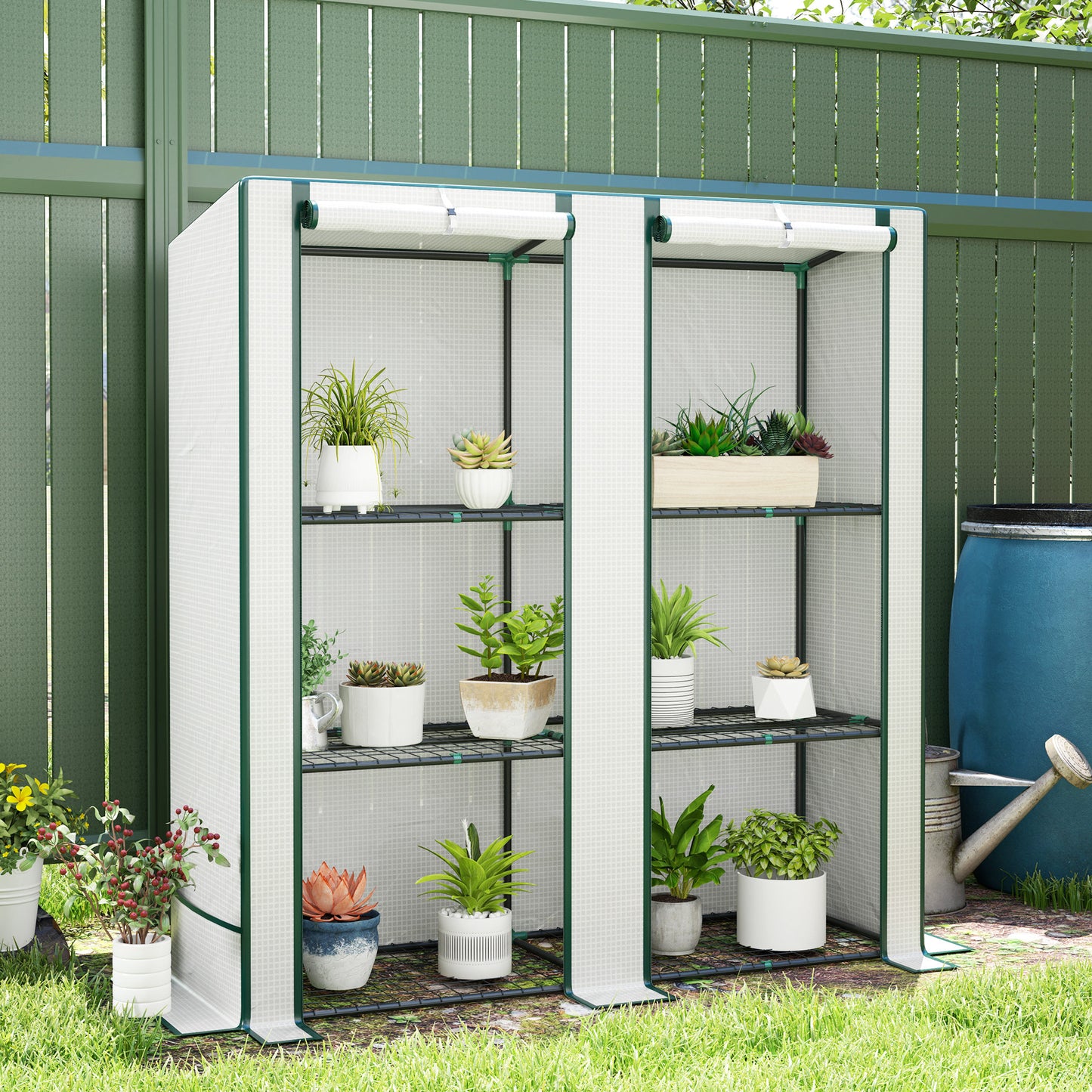 Outsunny Mini-kas met 3-laags plank, kunststof deksel, uv-bestendig, draagbaar, roldeur, 144 x 48 x 152 cm, wit