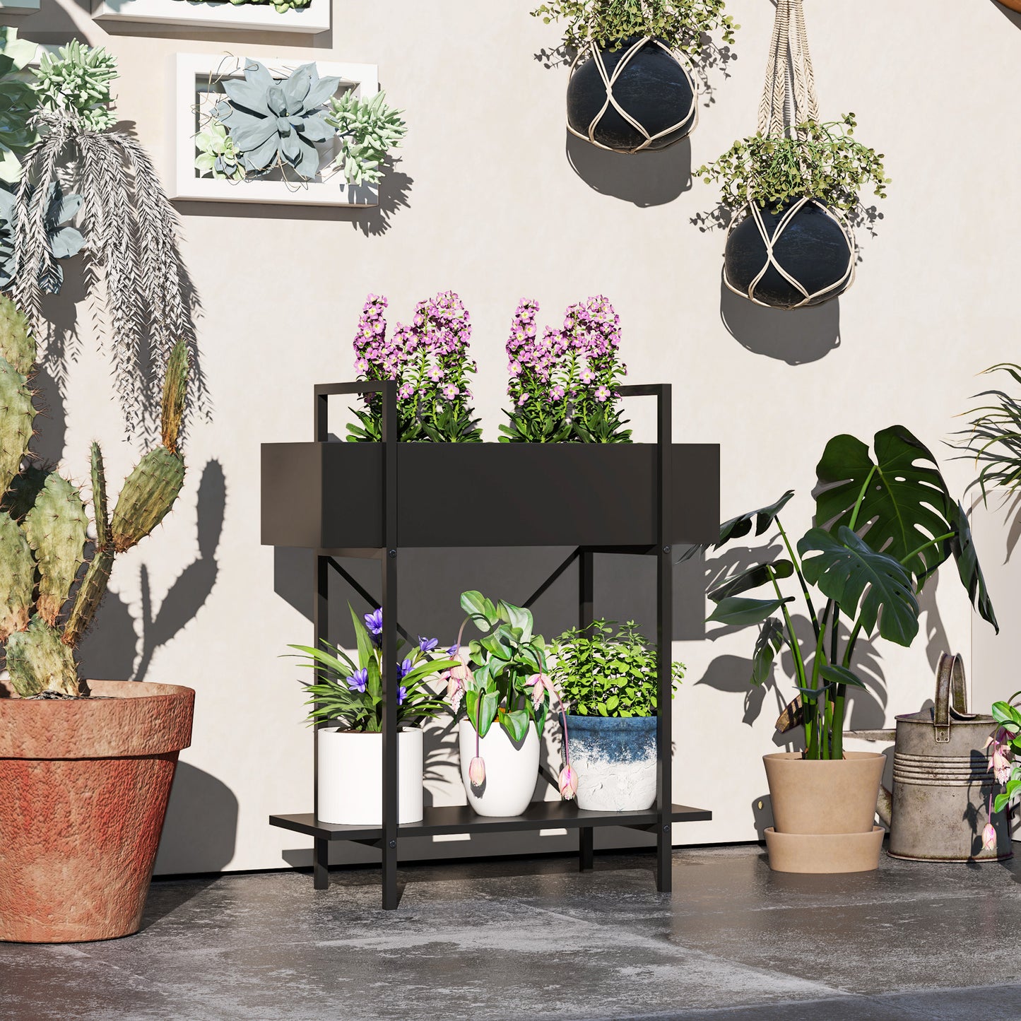 Outsunny Plantenstandaard, Bloempotstandaard met 2 niveaus, Afwateringsgaten, voor binnen- en buitengebruik, Metaal, Zwart